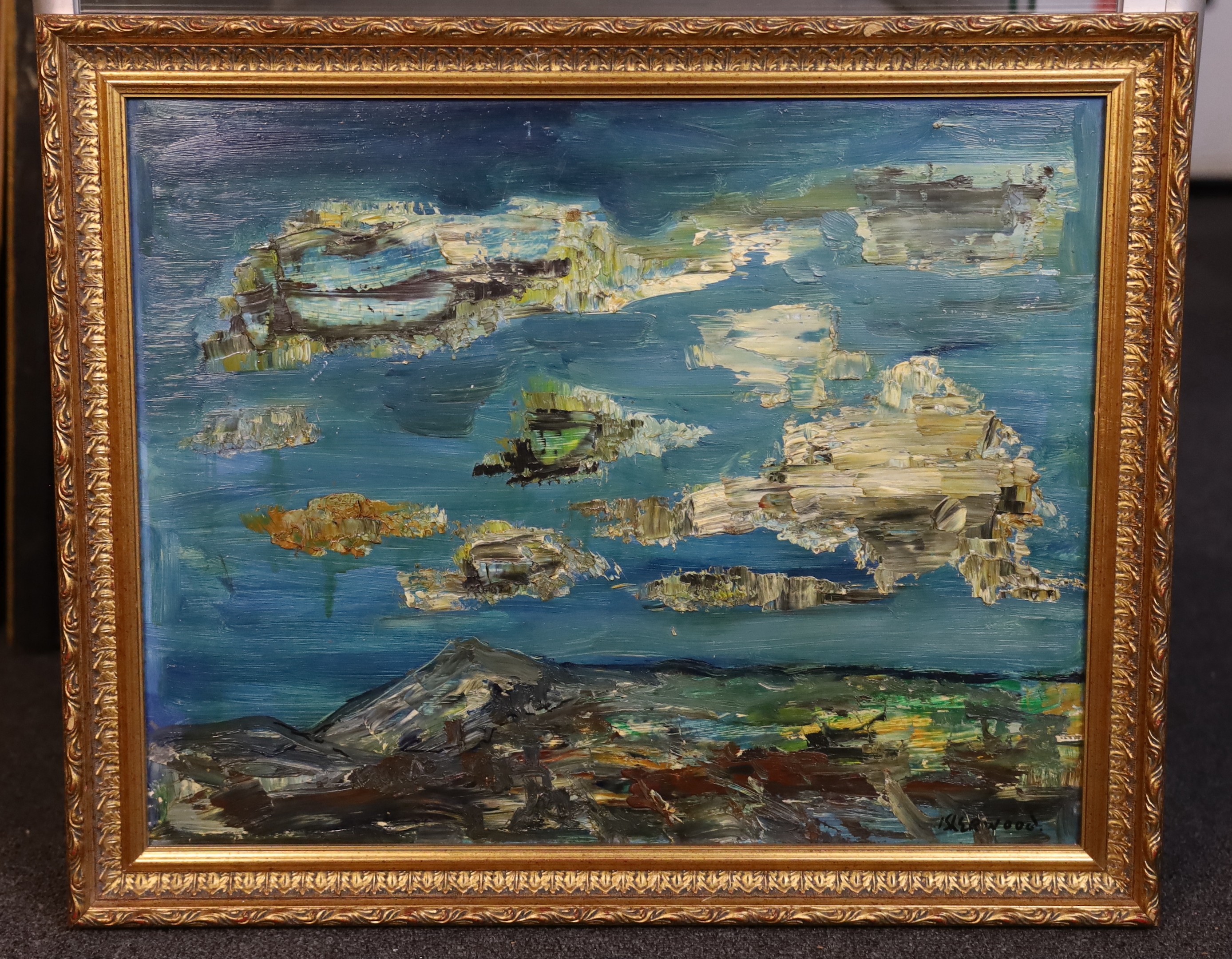 James Lawrence Isherwood (British, 1917-1989), 'Sky over Abergavenny', oil on board, 39 x 49cm
